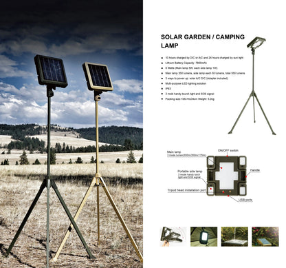 Zoppinh TRU De-Light Whitenight LED solar garden camping light with four detachable side lights, tripod, and carrying bag.