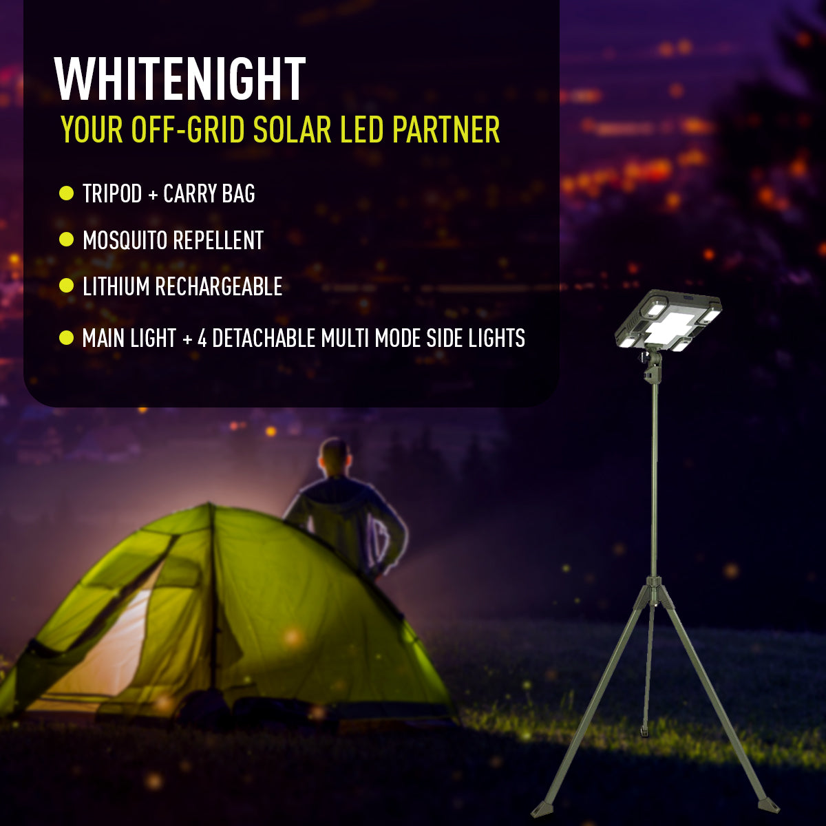 TRU De-LIGHT WHITENIGHT Multipurpose LED Solar / AC / DC - Garden, Camping Main Light + 4 Independent Detachable Multi Mode Side Lights / Tripod + Carrying Bag - Www.Shopthatapp.ca