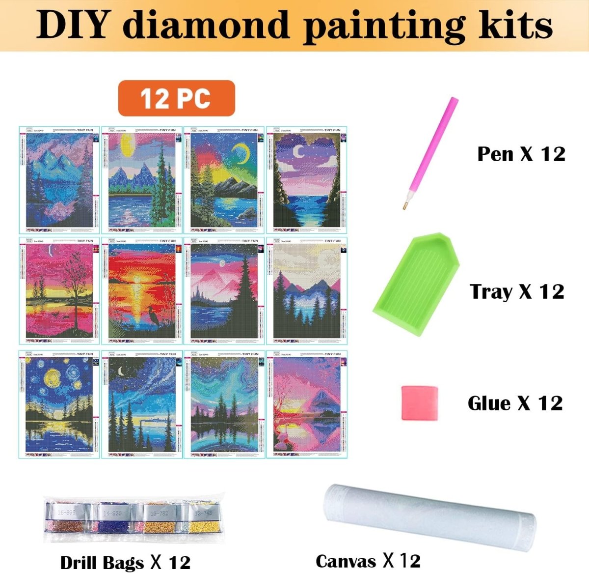 12-pack of ebasketonline 5D diamond painting kits for adults, round drill, paint by number, DIY home wall decor and gift.