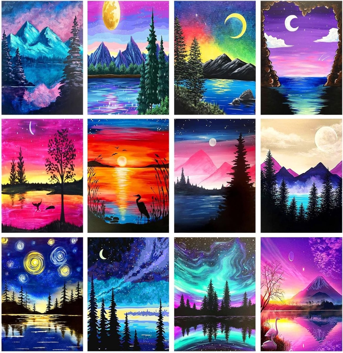 Set of 12 ebasketonline 5D diamond painting kits for adults, featuring round drills, paint by number, perfect for DIY wall decor and gifts.