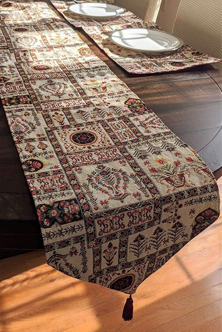 DaDalogy Bedding Cottage Mughal Floral Woven Tapestry Table Runner, Light Fleur White Botanical Vintage (18196)--www.Shopthatapp.ca-DaDalogy Bedding Collection