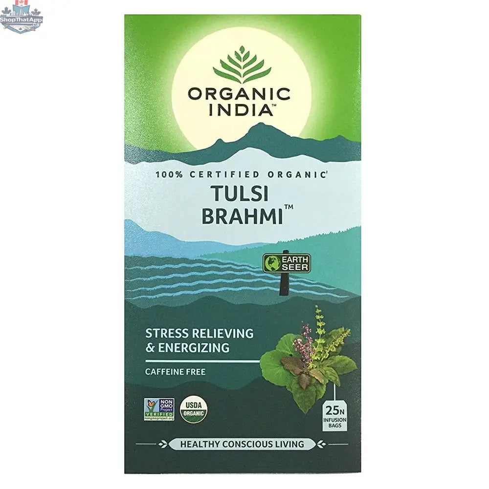 Organic Tulsi Brahmi tea by Prithvi Mart in a box of 25 tea bags, featuring herbal tea bags for mind and body wellness.