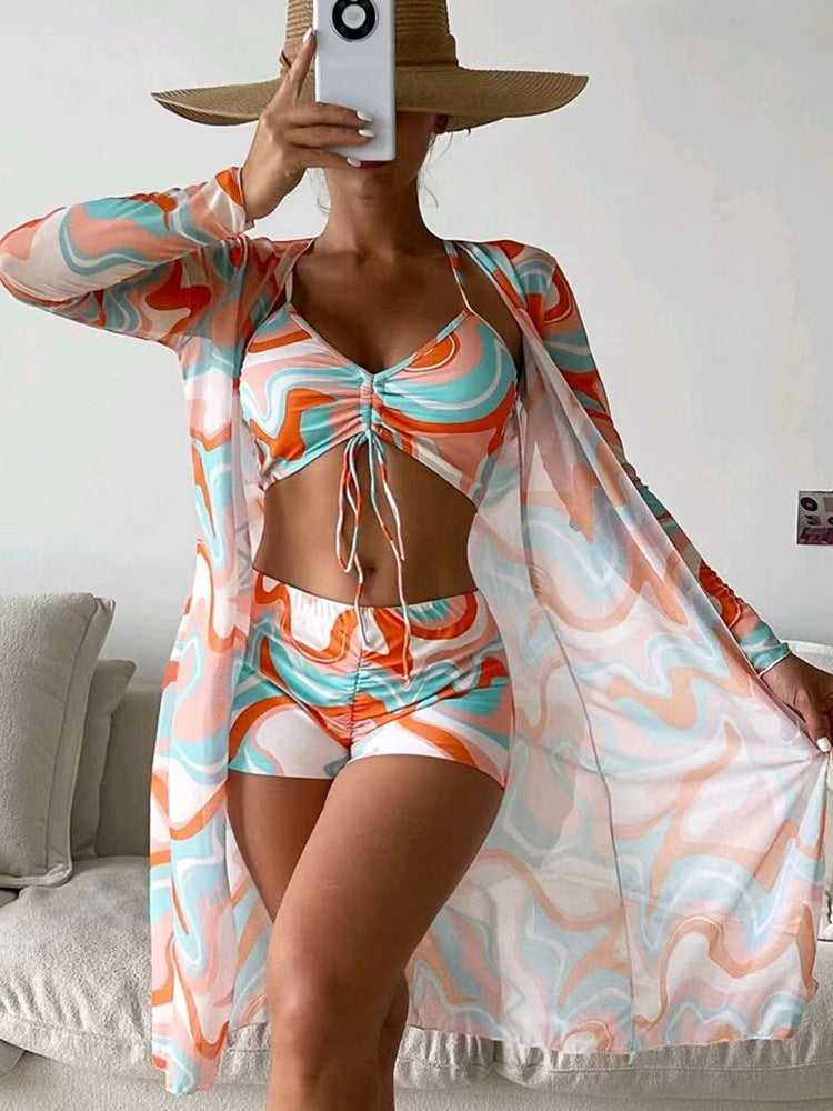 3pcs Print Bikini with Long Sleeve Cardigan for Women - Stylish Summer Beach Swimsuit Set - Shopthatapp.ca