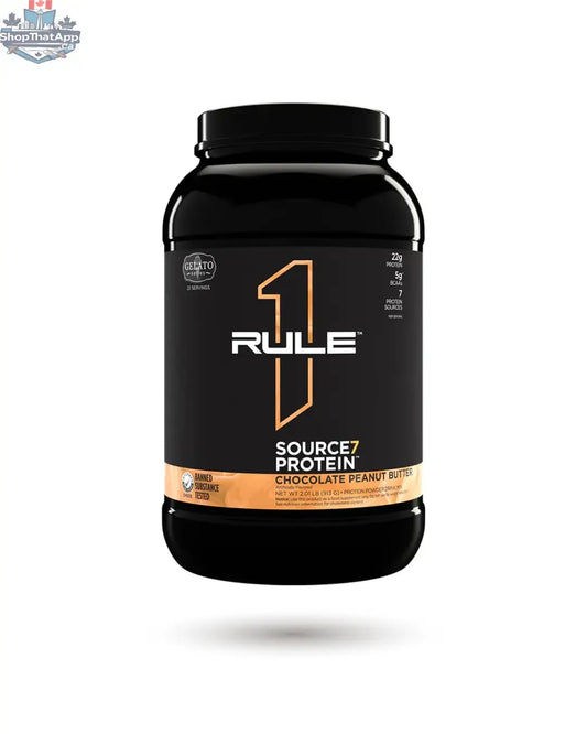 BulkBully Supplements Rule1 Protein Powder with Source 7 high-quality protein for muscle support and performance.