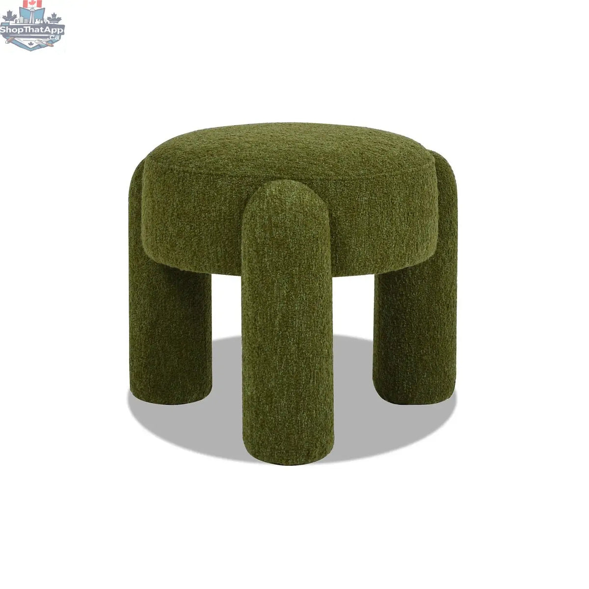 Moss green Hygge Design House Olea Boucle Ottoman with plush fabric, versatile home accent piece for modern living spaces.