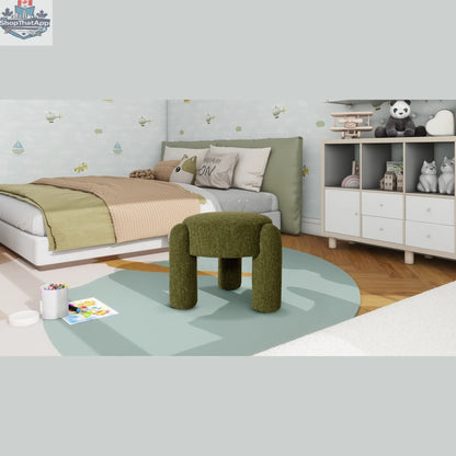 Moss green Hygge Design House Olea Boucle Ottoman with plush fabric, versatile home accent, and stylish round shape.