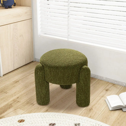 Moss green Hygge Design House Olea Boucle Ottoman with plush fabric, versatile home accent, and modern round shape.