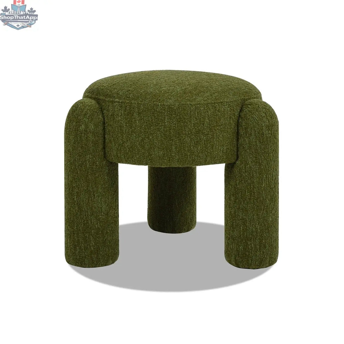 Hygge Design House moss green Olea Boucle Ottoman with stylish, versatile fabric, serving as a modern home accent.