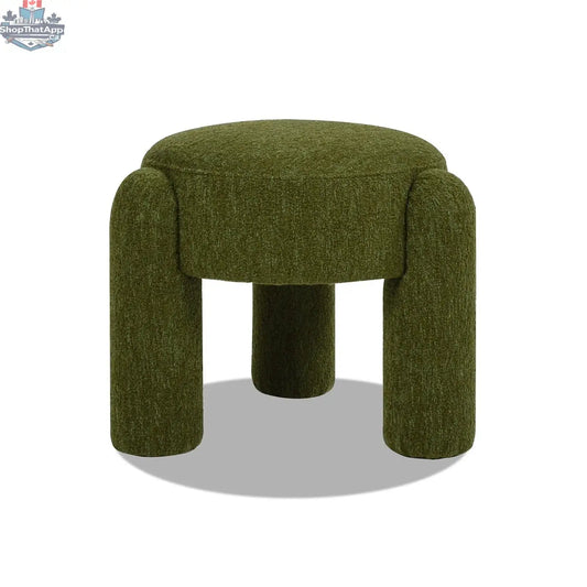 Hygge Design House moss green Olea Boucle Ottoman with stylish, versatile fabric, serving as a modern home accent.