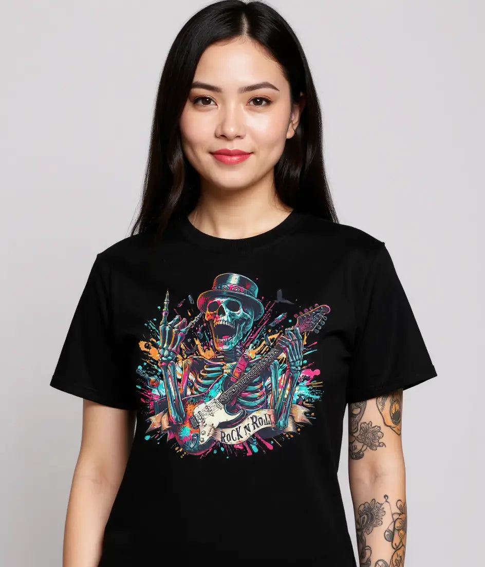 Unisex Skeleton Rock n Roll T-shirt by Little Guitars featuring a classic music-inspired design on soft cotton fabric.