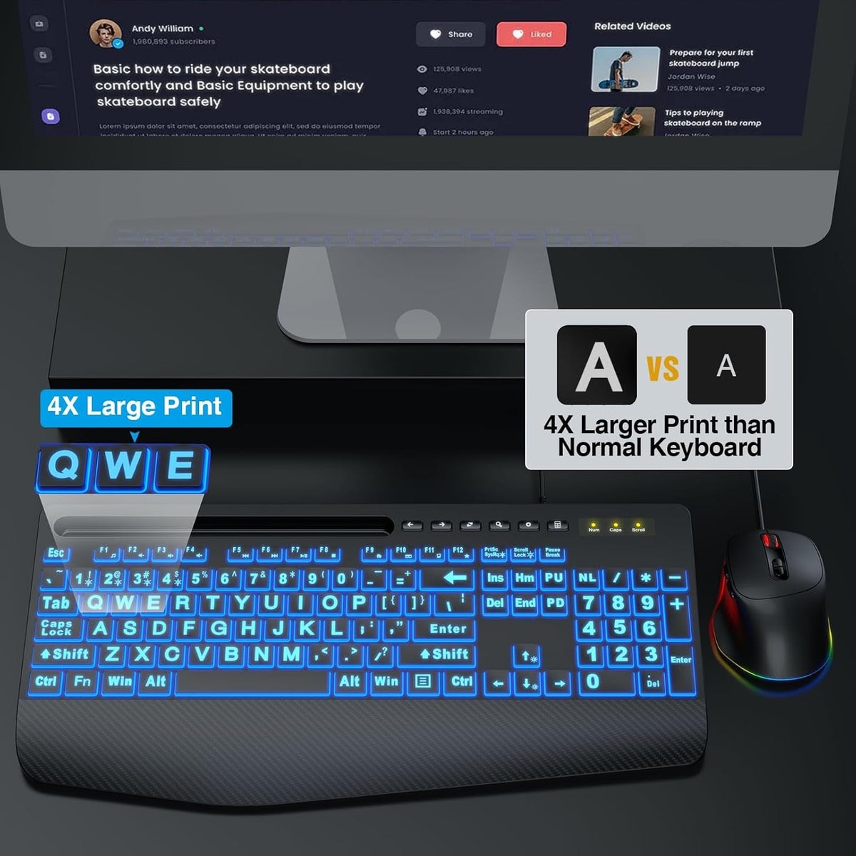 Wired Keyboard Mouse Combo – Large Print Backlit with Ergonomic Wrist Rest & 6-DPI RGB Mouse--www.Shopthatapp.ca-ebasketonline