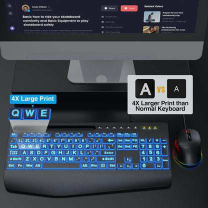 Wired Keyboard Mouse Combo – Large Print Backlit with Ergonomic Wrist Rest & 6-DPI RGB Mouse--www.Shopthatapp.ca-ebasketonline