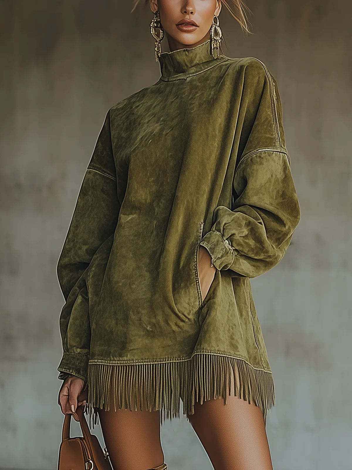 Women's Loose Tassel Suede Dress - Long Sleeve Pocket Dress