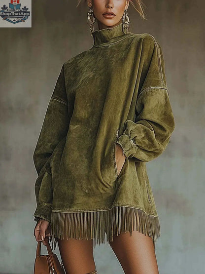 Women's Loose Tassel Suede Dress - Long Sleeve Pocket Dress - Shopthatapp.ca