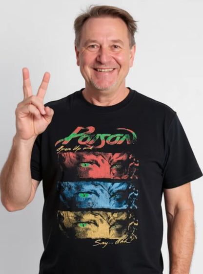 Black Poison Eyes T-Shirt by Little Guitars featuring a stylish graphic design on a casual clothing tee.
