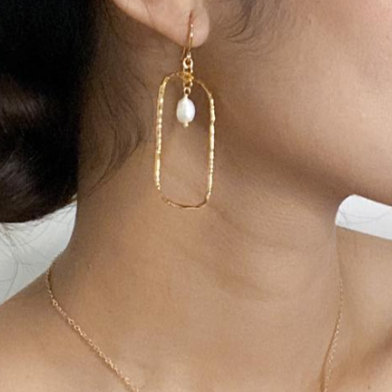 Hammered Gold Rectangle Earrings With Pearl In Gold Plate - Shopthatapp.ca