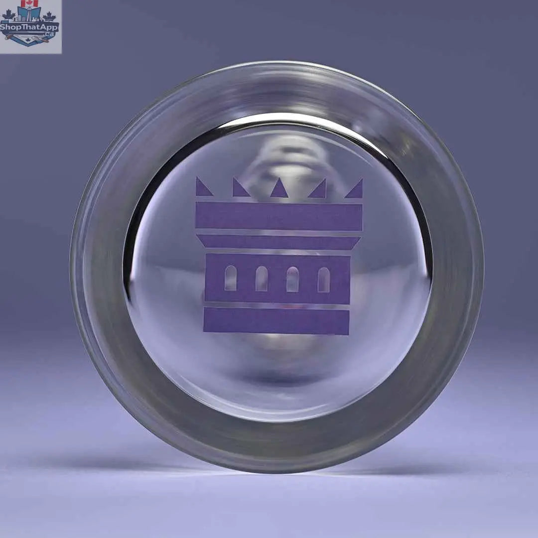 Close-up of 14-inch Castle Glassworks 8-arm beaker bong with purple background, showing detailed glass base and bottom.