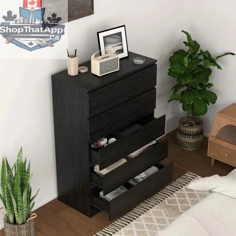 Black Ali Chest with 5 drawers from SLOTH Nation, bedroom furniture for storage and organization in closets or bedrooms.