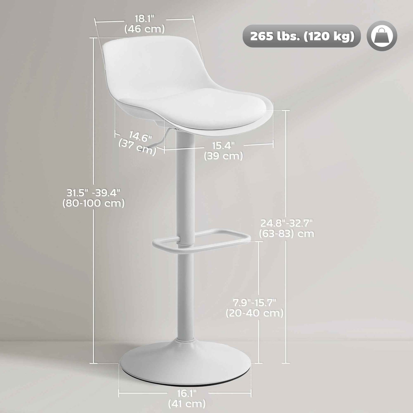 Zee Counter Height/Bar Stools Set of 2 with Adjustable Height and Swivel Seat-White