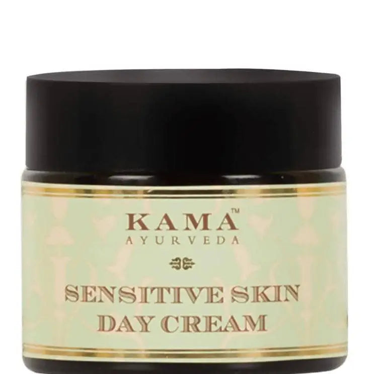 Kama Ayurveda Sensitive Skin Cream 50g, nourishing moisturizer for delicate skin, in a white jar with a green lid.