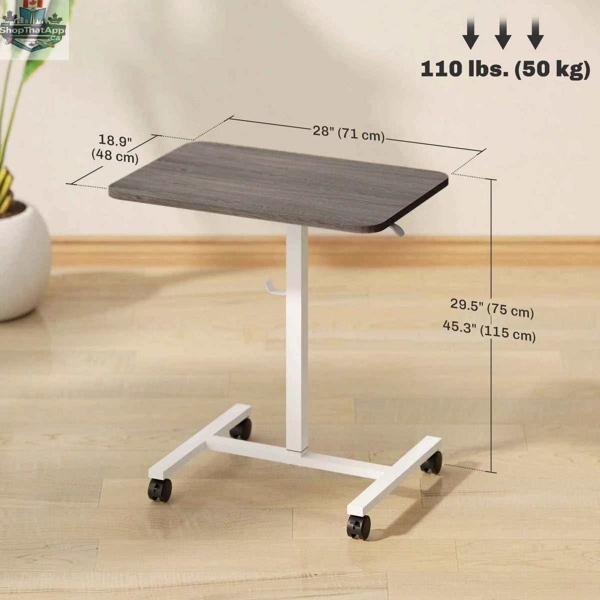 Grey Eden height adjustable office desk with wheels and headphone hook by SLOTH Nation, showing the desk's sleek design and adjustable height feature.