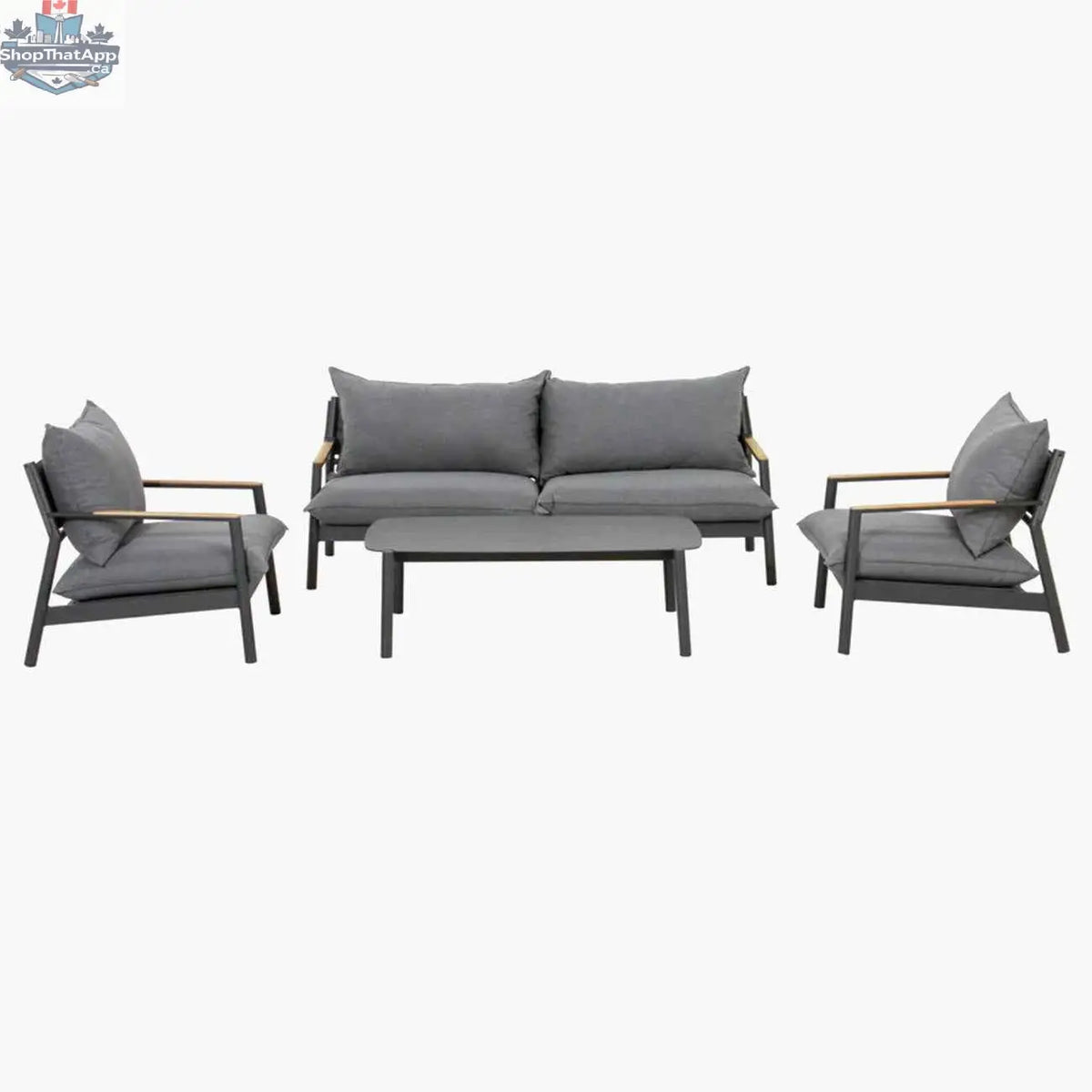 Krikacy Monti aluminum outdoor conversational set with four weather-resistant chairs and a matching table on patio.