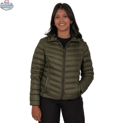 Northern Sun packable down jacket, lightweight and insulated, shown folded in a compact form ready for travel and outdoor wear.