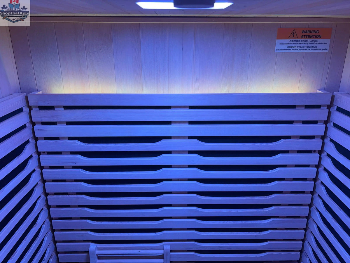 Zoppinh Blisspod Milano two-person sauna with Canadian Hemlock wood, infrared heaters, red glass heater, and chromotherapy features
