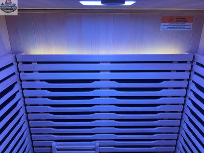 Zoppinh Blisspod Milano two-person sauna with Canadian Hemlock wood, infrared heaters, red glass heater, and chromotherapy features