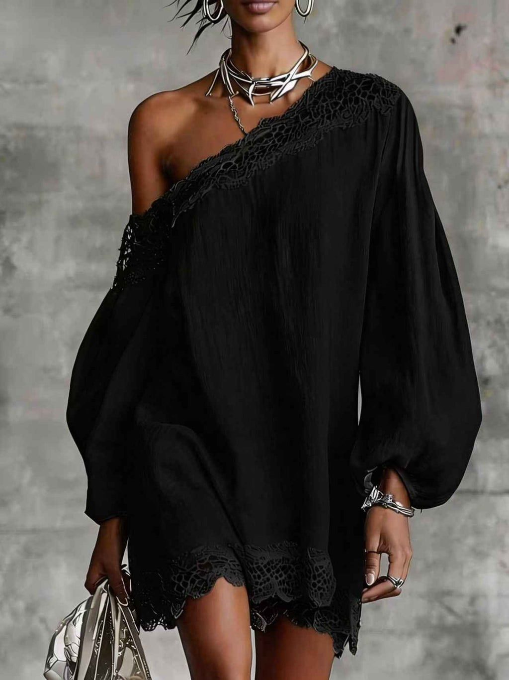 Women's Off-Shoulder Long Sleeve Mini Dress | Lace Trim Dress