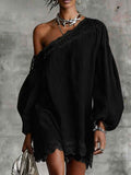 Women's Off-Shoulder Long Sleeve Mini Dress | Lace Trim Dress