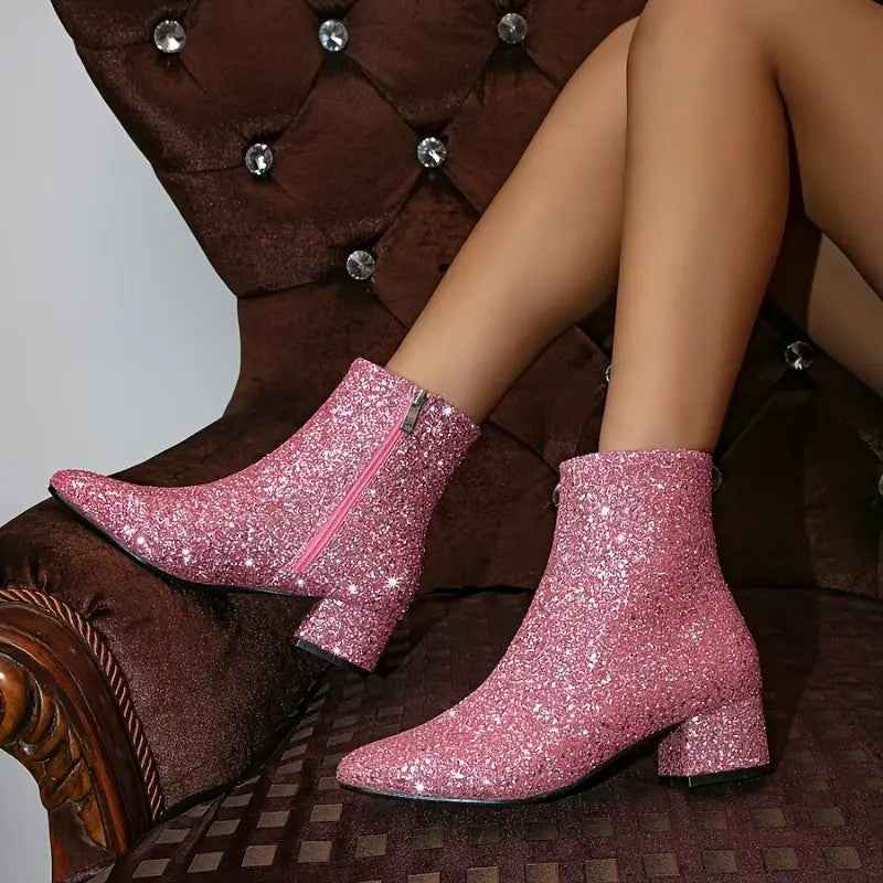 Women's Fashion Chunky Heel Boots – Cozy Faux Fur Detail Slip-On Shoes