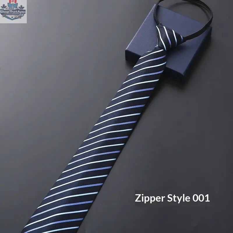 Mens Business Formal Zipper Tie With Blue Stripes - Shopthatapp.ca