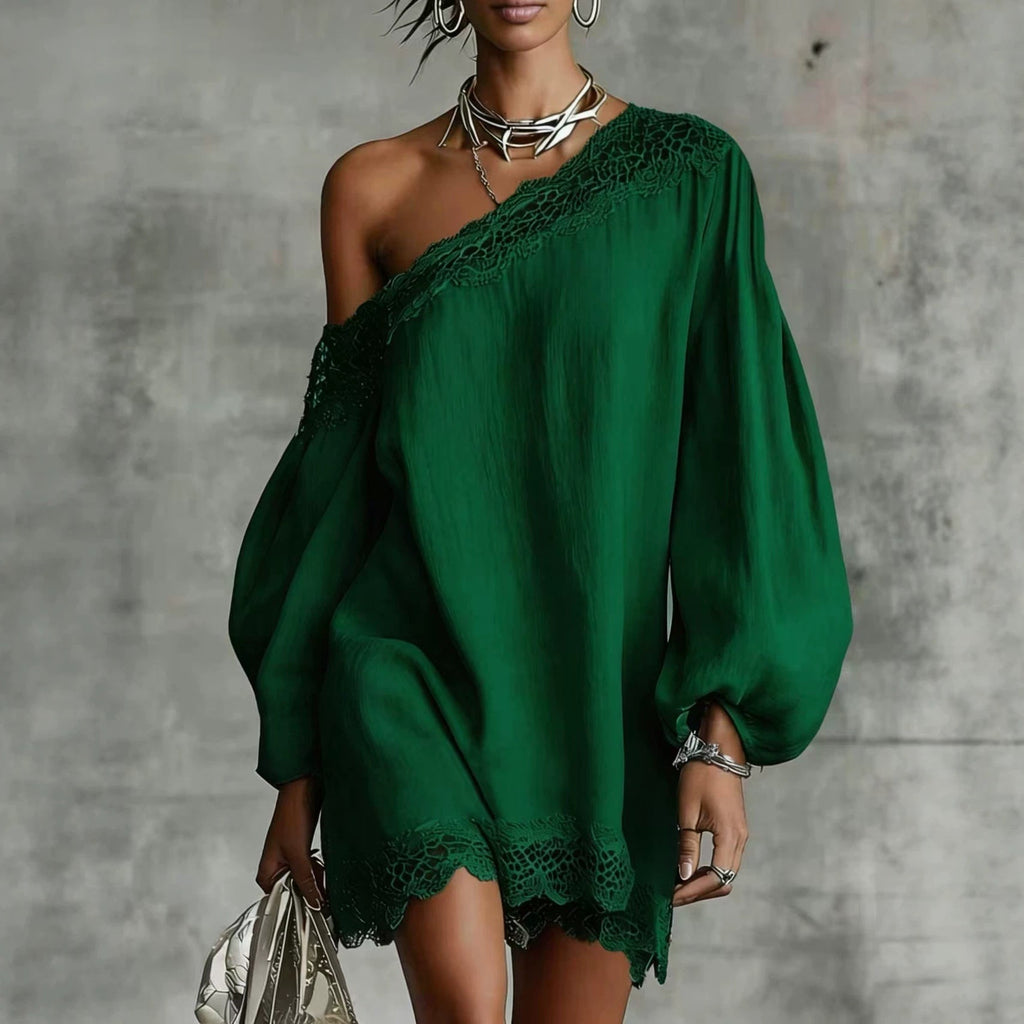 Women's Off-Shoulder Long Sleeve Mini Dress | Lace Trim Dress