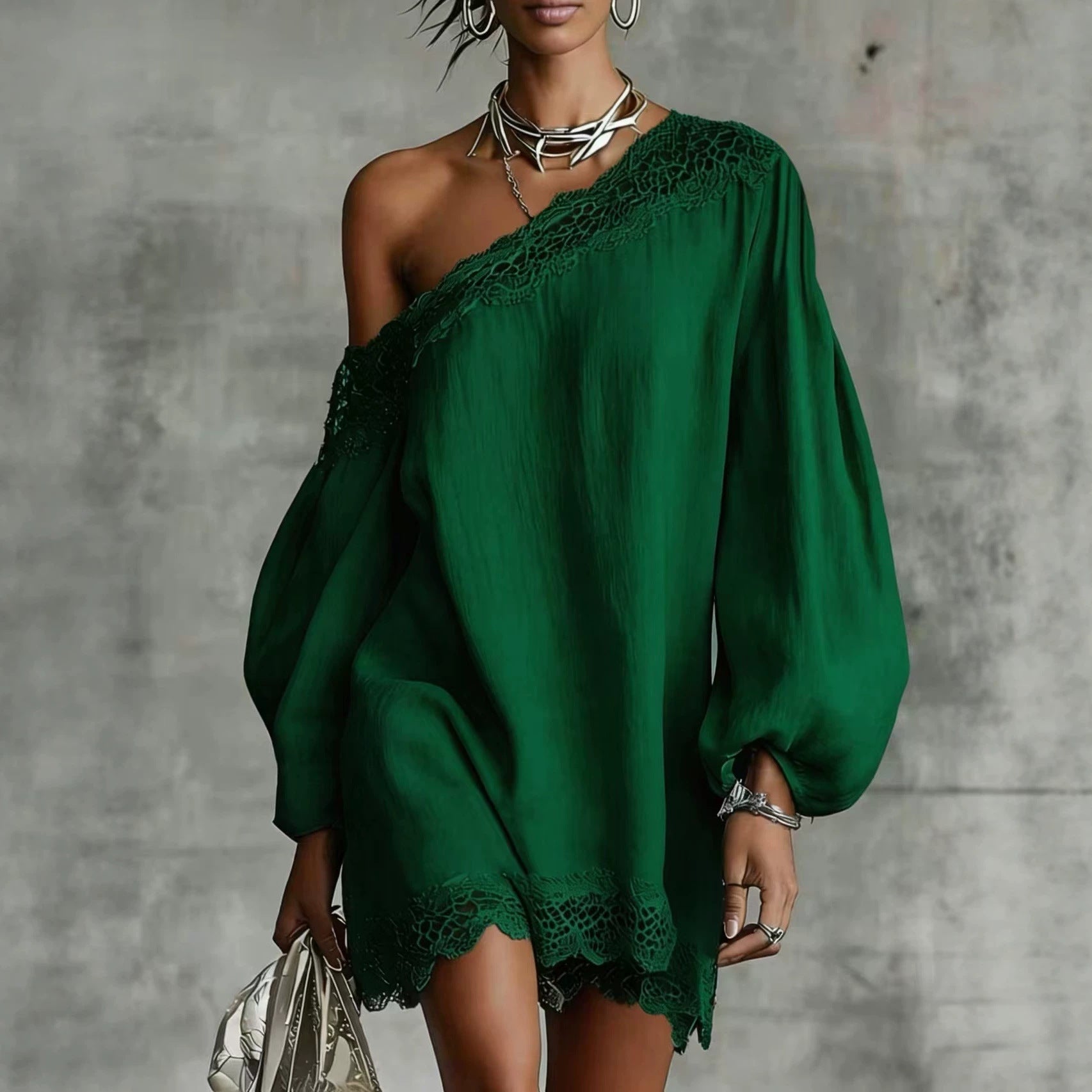 Women's Off-Shoulder Long Sleeve Mini Dress | Lace Trim Dress