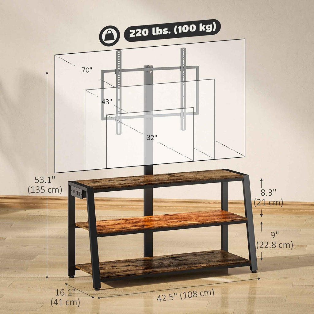Bay TV Stand with Swivel Mount, Power Outlet and LED Lights for 32-70" TVs-Rustic Brown