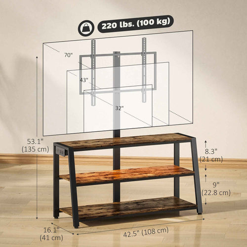 Bay TV Stand with Swivel Mount, Power Outlet and LED Lights for 32-70" TVs-Rustic Brown