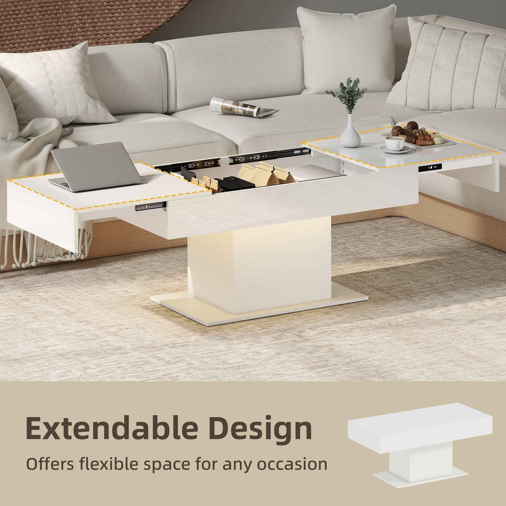 Halston Extendable Coffee Table with LED Lights and Hidden Storage-White