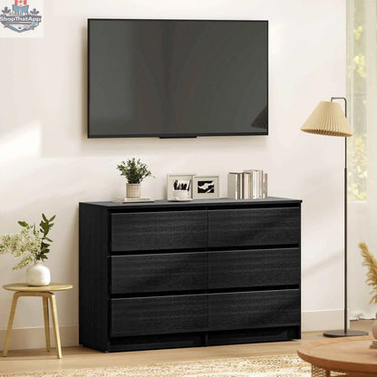 SLOTH Nation River Black 6 Drawer Dresser, modern bedroom furniture with sleek black finish, suitable for bedroom, living room, or hallway.