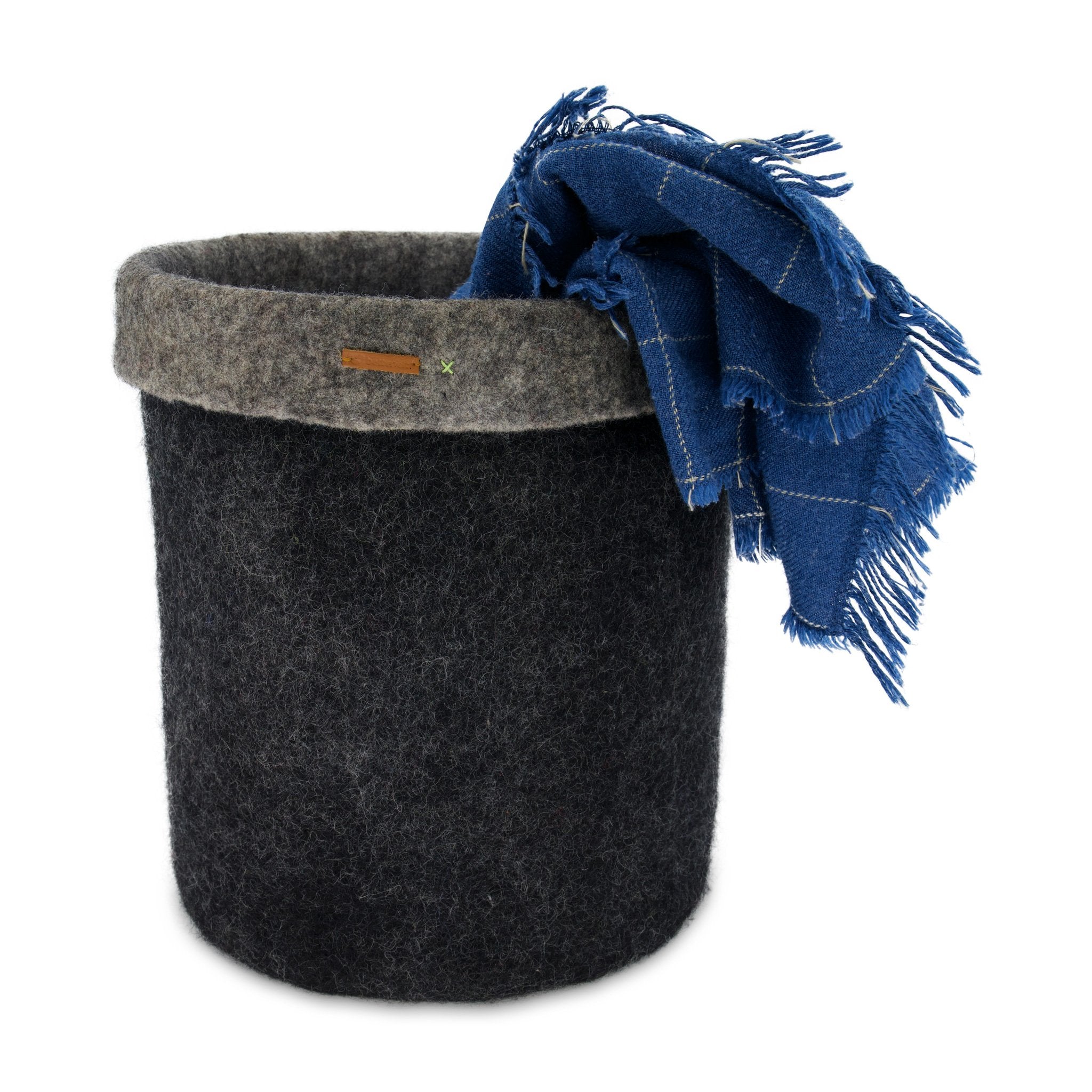 Black Felt Storage Basket - Hand-Felted New Zealand Wool, Two-Tone Black/Grey