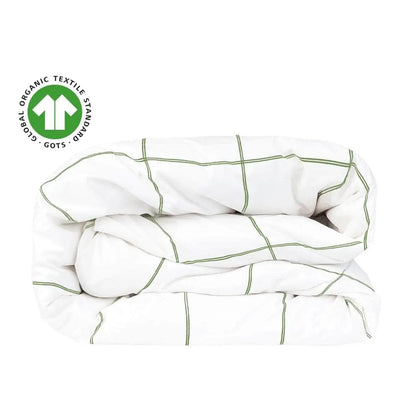 Organic percale duvet cover by Skylark+Owl Canada featuring a soft, crisp white fabric with subtle striped pattern for ultimate comfort.