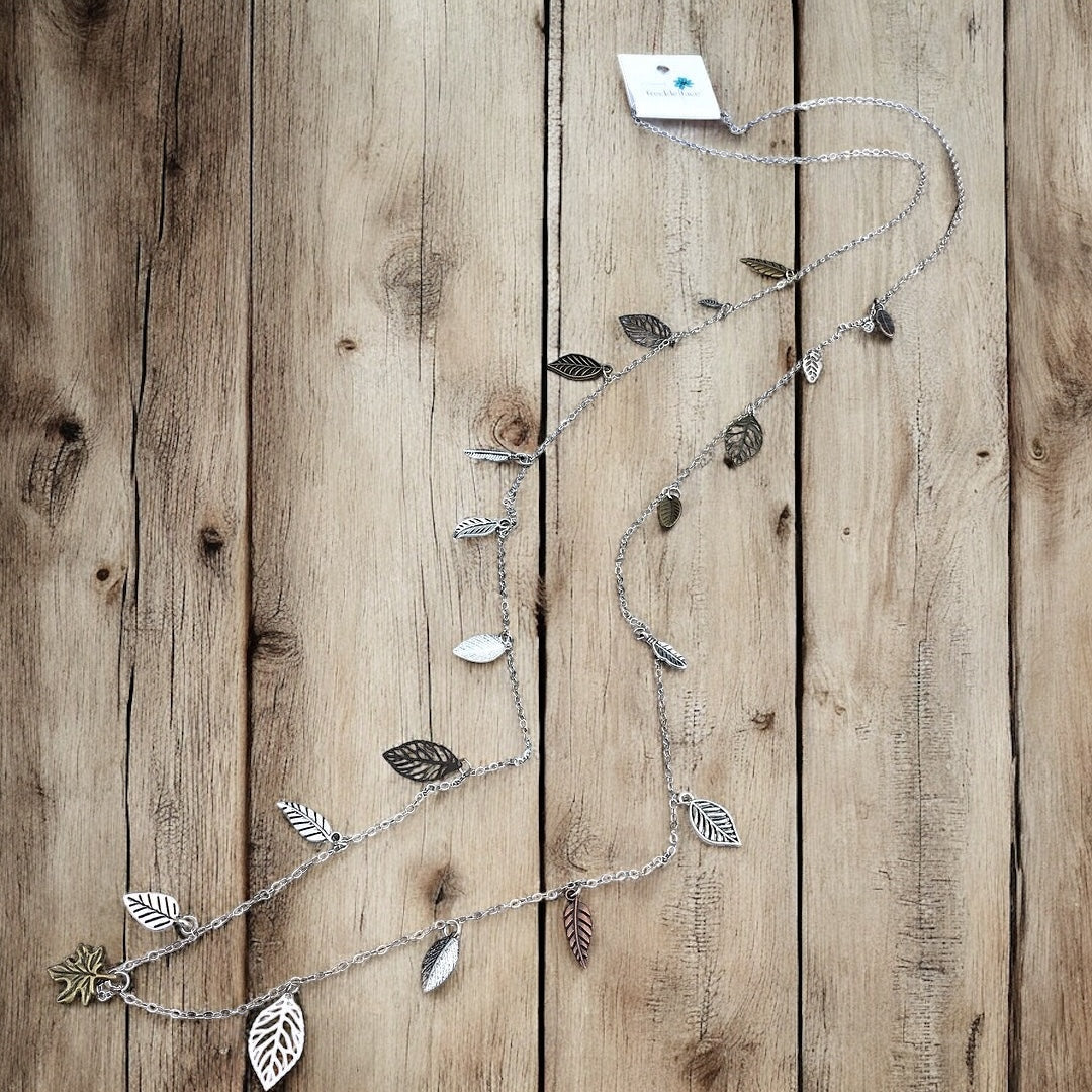 Waterfall Leaf Necklace – Long Layering Chain with Cascading Silver & Mixed Metal Leaves - Shopthatapp.ca