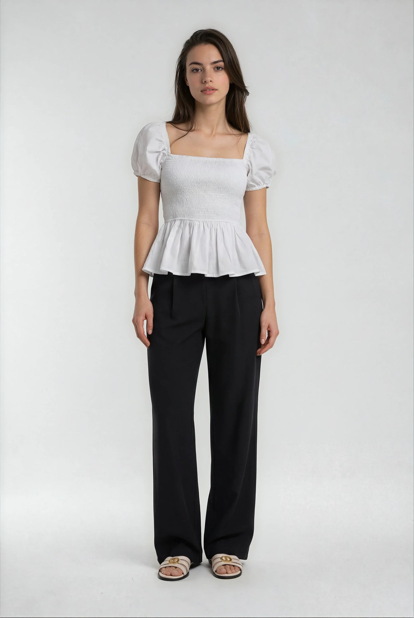 Sera Cotton Poplin Puff Sleeve Blouse Top in White - Elegant Peplum Design - Shopthatapp.ca