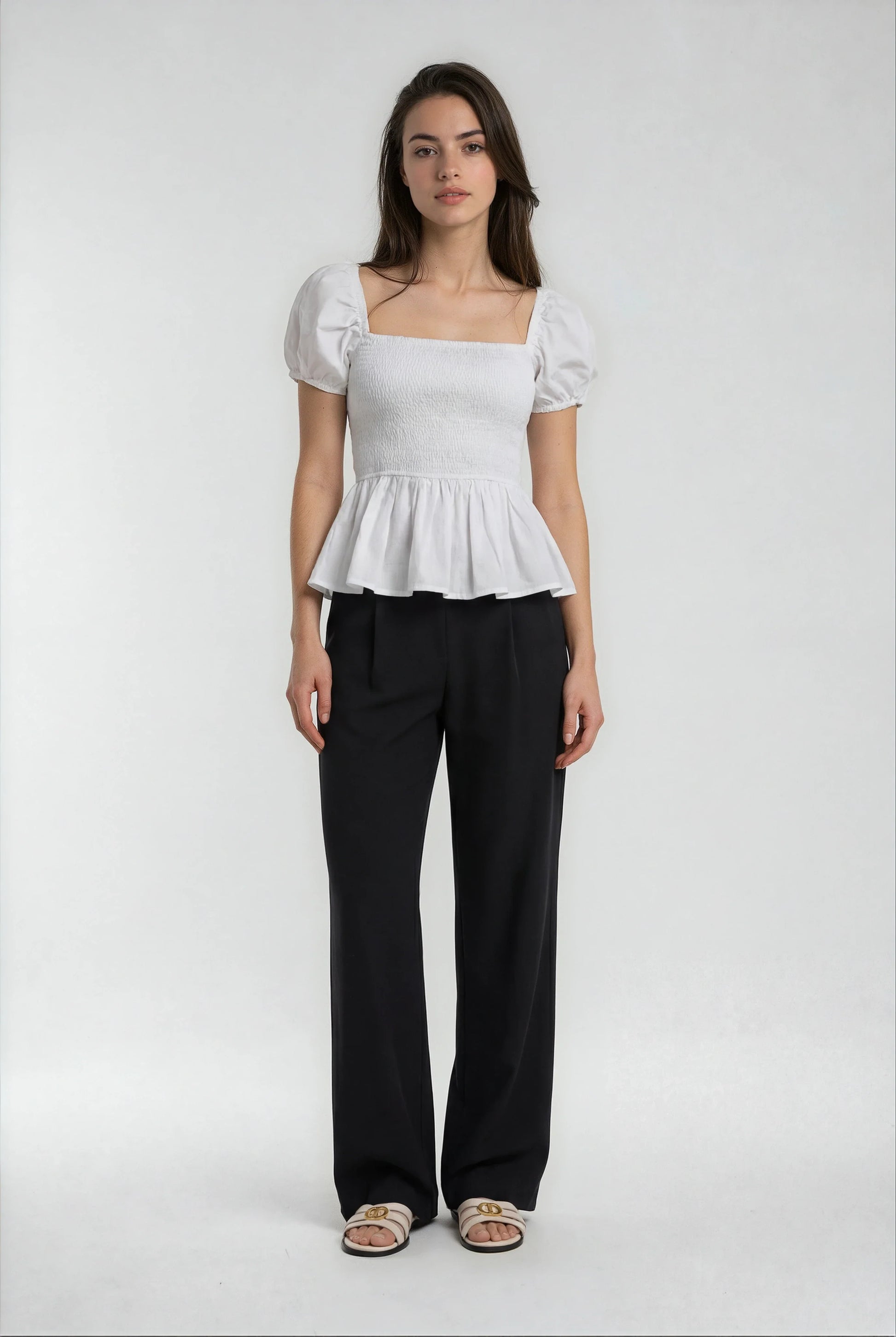 Sera Cotton Poplin Puff Sleeve Blouse Top in White - Elegant Peplum Design - Shopthatapp.ca