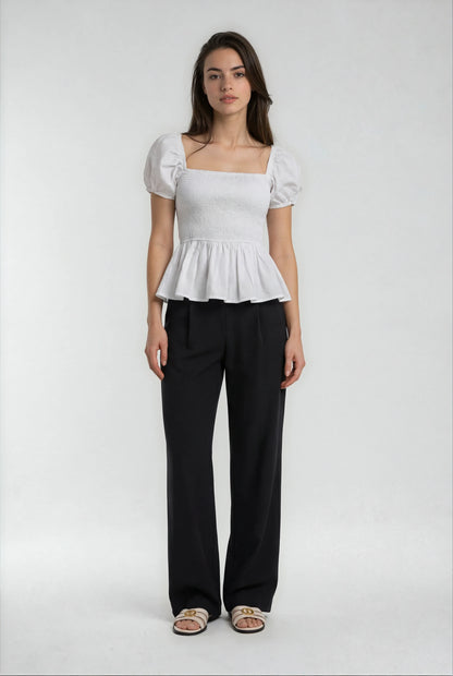 Sera Cotton Poplin Puff Sleeve Blouse Top in White - Elegant Peplum Design - Shopthatapp.ca