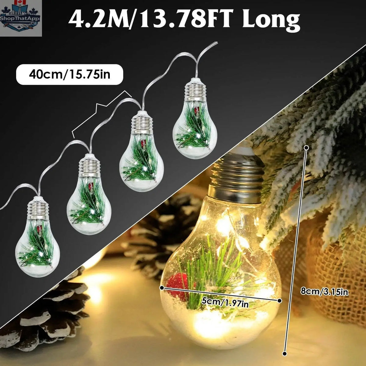 13.78FT Christmas snow globe string lights with 10 LED bulbs, pine needles, snowflakes, berries, and ultrasonic rodent repellent.
