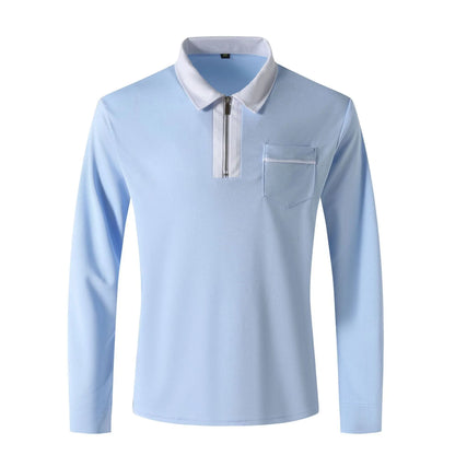Men's 2024 autumn long sleeve zipper polo shirt with trendy design, stylish and comfortable for fall fashion.