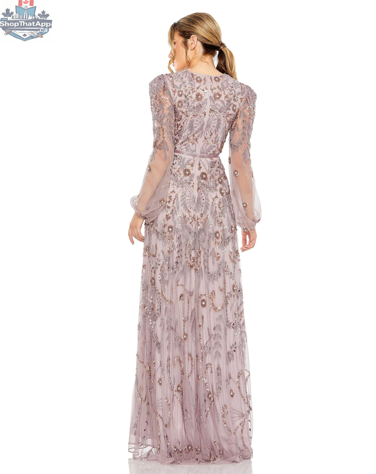 Black puff sleeve A-line evening gown with elegant embellishments by Elegant Threads, displayed on a mannequin.