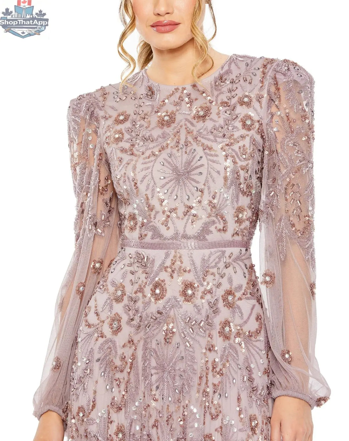 Elegant Threads evening gown with puff sleeves, A-line silhouette, and intricate embellishments, shown in a Heather color.