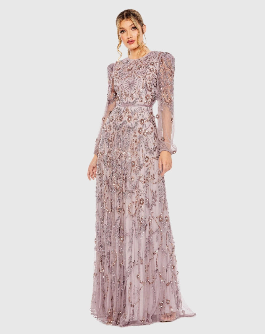 Puff Sleeve Embellished A Line Gown - Www.Shopthatapp.ca